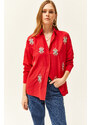 Olalook Women's Red Sequin Detailed Woven Boyfriend Shirt