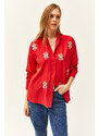 Olalook Women's Red Sequin Detailed Woven Boyfriend Shirt