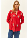 Olalook Women's Red Sequin Detailed Woven Boyfriend Shirt