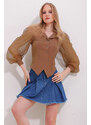 Trend Alaçatı Stili Women's Caramel Princess Tulle Sleeve Cuff Sandy Shirt