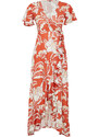 Trendyol Tile Floral Printed Wrapped Belted Ruffled Short Sleeve Stretchy Knitted Midi Dress