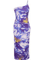 Trendyol Limited Edition Purple Printed Fitted Midi One Shoulder Stretch Knitted Dress