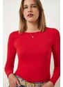 Happiness İstanbul Women's Red Crew Neck Basic Viscose Knitted Blouse