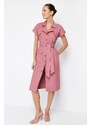 Trendyol Dried Rose Belted Pocketed Gabardine Wide Fit Shirt Midi Woven Dress