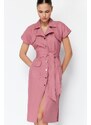 Trendyol Dried Rose Belted Pocketed Gabardine Wide Fit Shirt Midi Woven Dress