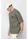 Trendyol Khaki Oversize/Wide-Fit Ruffle Text Printed Label Textured Waffle T-Shirt