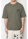 Trendyol Khaki Oversize/Wide-Fit Ruffle Text Printed Label Textured Waffle T-Shirt