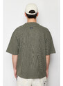 Trendyol Khaki Oversize/Wide-Fit Ruffle Text Printed Label Textured Waffle T-Shirt