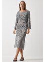 Happiness İstanbul Women's Gray Openwork Transparent Long Knitwear Dress