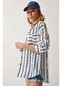 Happiness İstanbul Women's White Navy Blue Striped Oversize Poplin Shirt