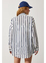 Happiness İstanbul Women's White Navy Blue Striped Oversize Poplin Shirt