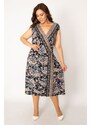 Şans Women's Plus Size Colorful Shawl Pattern Closed Wrapped Dress