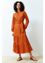 Trendyol Cinnamon Stand Collar Embroidery Lace Lined Woven Dress