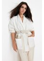 Trendyol White Color Block Belted Oversize Denim Jacket