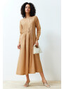 Trendyol Beige Pleated Detailed Comfort Woven Dress