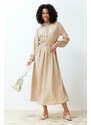 Trendyol Beige Stand Collar Waist and Sleeve Gather Detailed Woven Dress