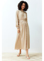 Trendyol Beige Stand Collar Waist and Sleeve Gather Detailed Woven Dress