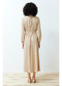 Trendyol Beige Stand Collar Waist and Sleeve Gather Detailed Woven Dress