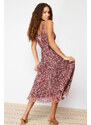 Trendyol Brown Leopard Printed V Neck Tulle Knitted Maxi Dress