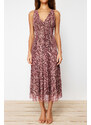 Trendyol Brown Leopard Printed V Neck Tulle Knitted Maxi Dress