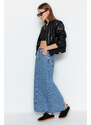 Trendyol Blue High Waist Maxi Denim Skirt with Cutaway Legs