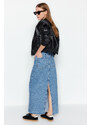 Trendyol Blue High Waist Maxi Denim Skirt with Cutaway Legs