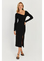 Cool & Sexy Women's Black Asymmetric Collar Slit Midi Dress