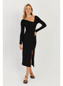 Cool & Sexy Women's Black Asymmetric Collar Slit Midi Dress