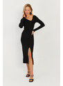 Cool & Sexy Women's Black Asymmetric Collar Slit Midi Dress