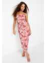 Trendyol Pink Strapless Draped Detailed Patterned Fitted/Situated Maxi Knitted Maxi Dress