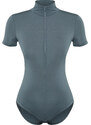 Trendyol Open Anthracite Zippered Stand-Up Collar Zippered Short Sleeved Flexible Snap Fastener Knitted Body