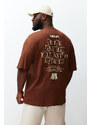 Trendyol Plus Size Brown Oversize/Wide-Fit 100% Cotton Text Printed T-Shirt