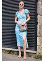 Madmext Blue Floral Pattern Slit Dress