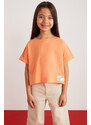 GRIMELANGE Verena Girl's 100% Cotton Double Sleeve Orange T-shirt with Ornamental Labe