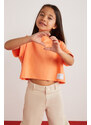 GRIMELANGE Verena Girl's 100% Cotton Double Sleeve Orange T-shirt with Ornamental Labe