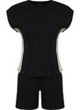 Trendyol Black-Ecru Cotton Color Block Ribbed Knitted Pajamas Set
