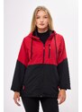 River Club Women's Red-Black Two-tone Lined Water And Windproof Hooded Raincoat With Pocket.