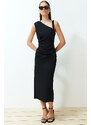 Trendyol Limited Edition Black Body-Fitting Asymmetrical Neck Detailed Woven Midi Dress