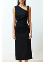 Trendyol Limited Edition Black Body-Fitting Asymmetrical Neck Detailed Woven Midi Dress