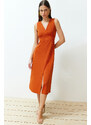 Trendyol Cinnamon A-line V-neck Slit Detailed Midi Woven Dress