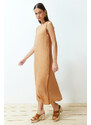Trendyol Camel Straight Cut Sleeveless Piping Detailed Maxi Woven Dress