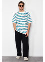 Trendyol Green Oversize Embroidered Striped 100% Cotton T-Shirt