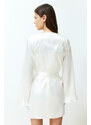 Trendyol Bridal White Belted Satin Woven Dressing Gown with Flounce and Back Embroidery Detail Bag Gift