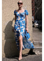 Madmext Blue Patterned Slit Long Dress