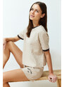 Trendyol Beige-Multicolor Color Blocked Slogan Embroidered Waffle Knitted Pajamas Set