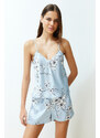 Trendyol Blue-Multicolor Floral Satin Woven Pajamas Set