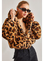 Bianco Lucci Women's Leopard Patterned Zippered Plush Coat