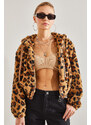 Bianco Lucci Women's Leopard Patterned Zippered Plush Coat