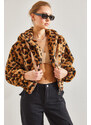 Bianco Lucci Women's Leopard Patterned Zippered Plush Coat