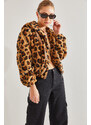 Bianco Lucci Women's Leopard Patterned Zippered Plush Coat